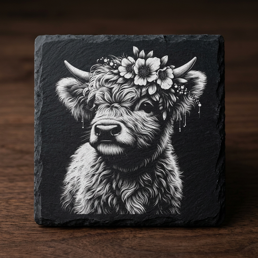 Highland Cow Floral Slate Coaster