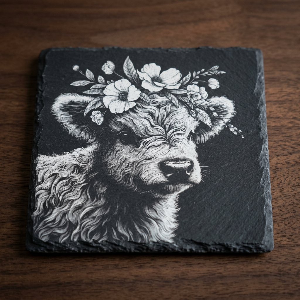 Highland Cow Floral Slate Coaster
