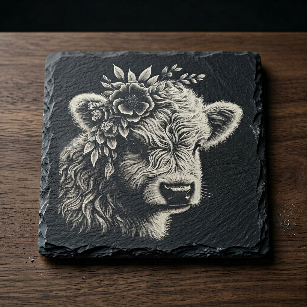 Highland Cow Floral Slate Coaster