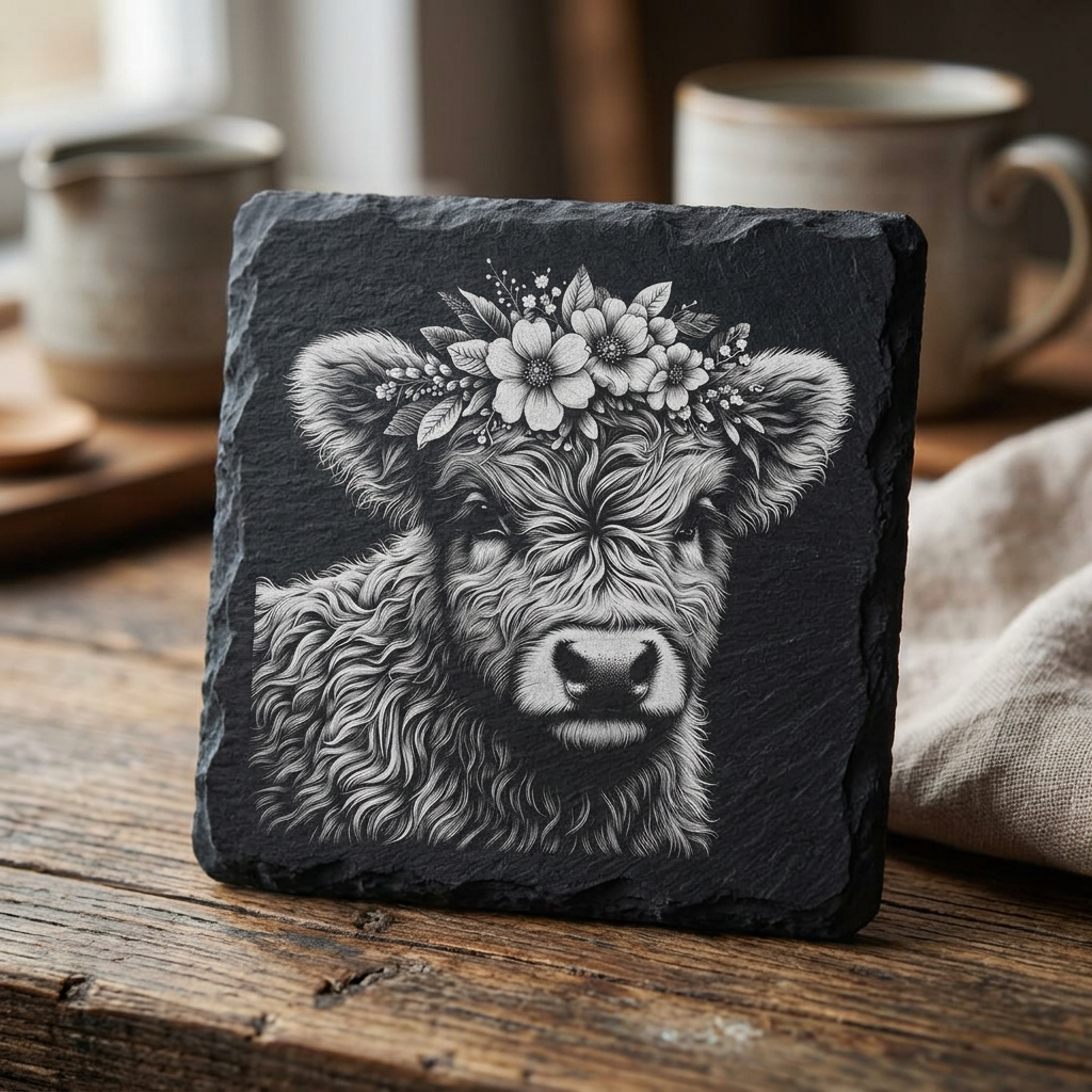 Highland Cow Floral Slate Coaster